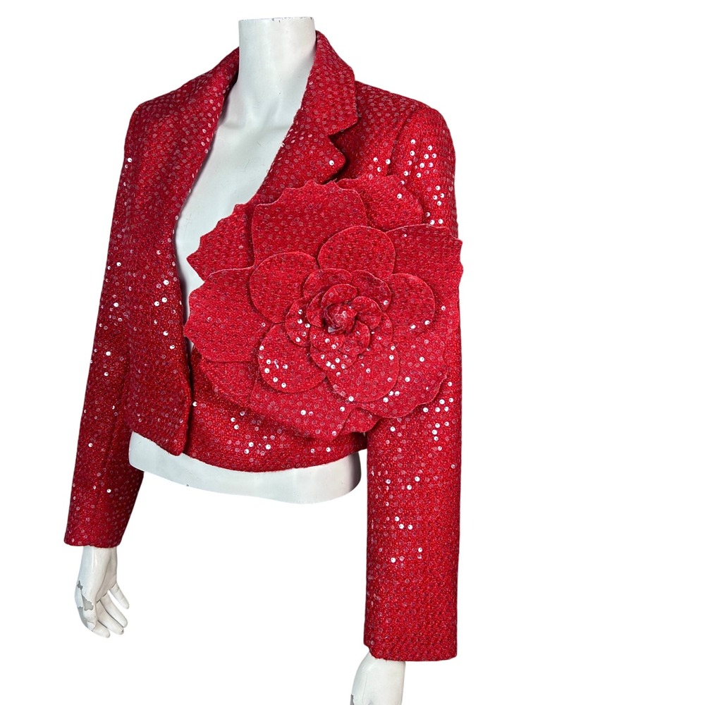 La Ros Red Sequin Tweed Cropped Blazer Medium 3D Flower Applique Maximalism NEW